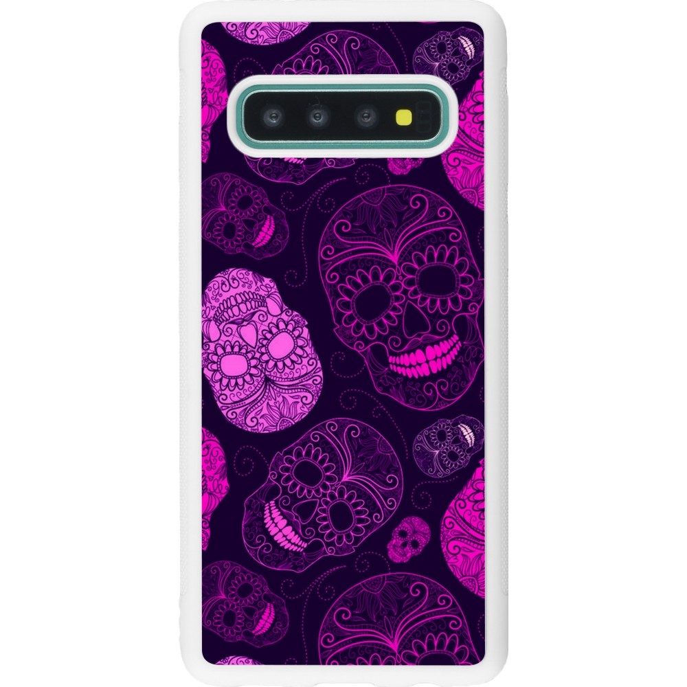 Coque Samsung Galaxy S10 - Silicone rigide blanc Halloween 2023 pink skulls