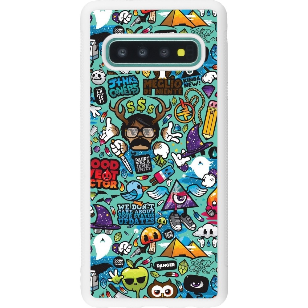 Coque Samsung Galaxy S10 - Silicone rigide blanc Mixed Cartoons Turquoise