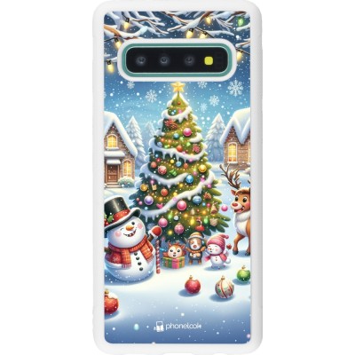 Coque Samsung Galaxy S10 - Silicone rigide blanc Noël 2023 bonhomme de neige et sapin