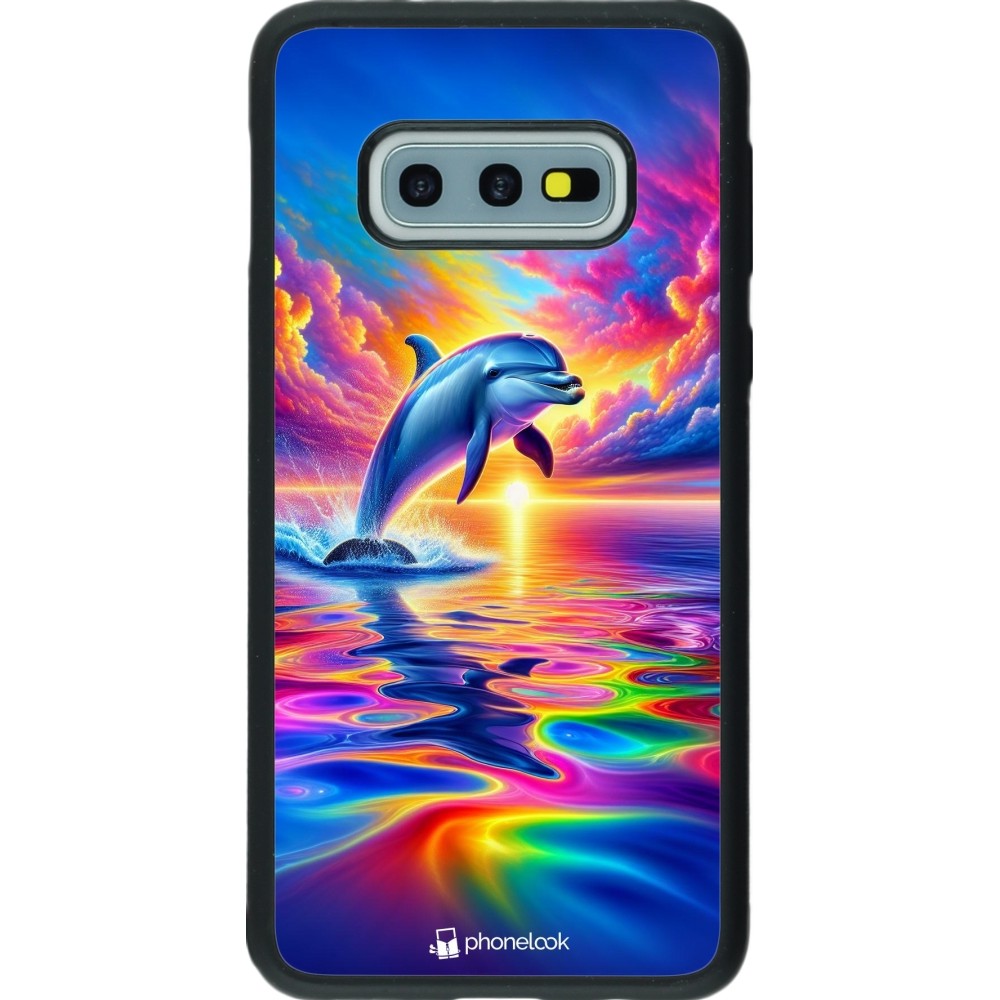 Coque Samsung Galaxy S10e - Silicone rigide noir Dauphin arc-en-ciel heureux