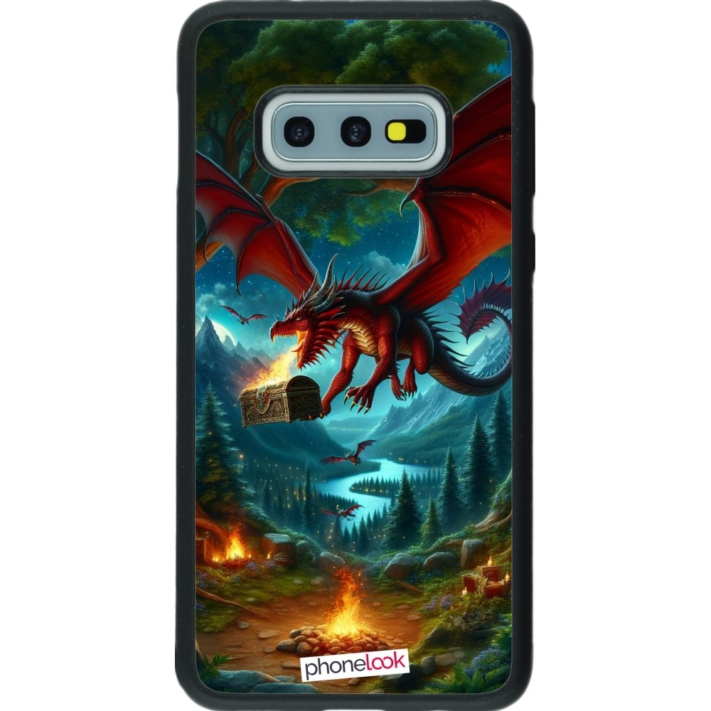 Coque Samsung Galaxy S10e - Silicone rigide noir Dragon Volant Forêt Trésor