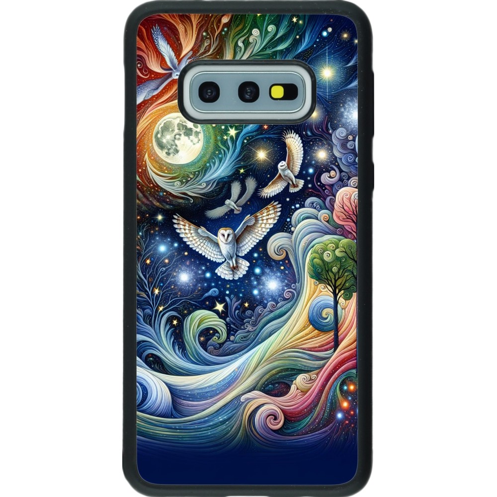 Coque Samsung Galaxy S10e - Silicone rigide noir hibou volant floral