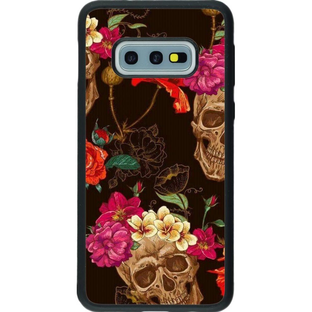 Coque Samsung Galaxy S10e - Silicone rigide noir Skulls and flowers