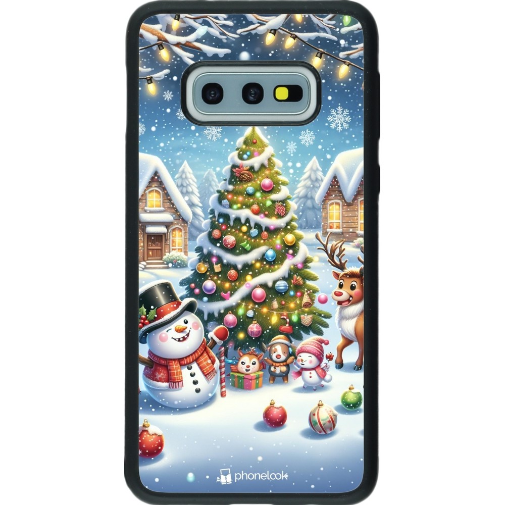 Coque Samsung Galaxy S10e - Silicone rigide noir Noël 2023 bonhomme de neige et sapin