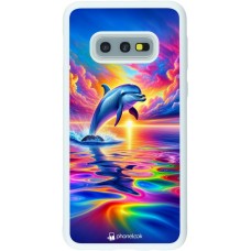 Coque Samsung Galaxy S10e - Silicone rigide blanc Dauphin arc-en-ciel heureux