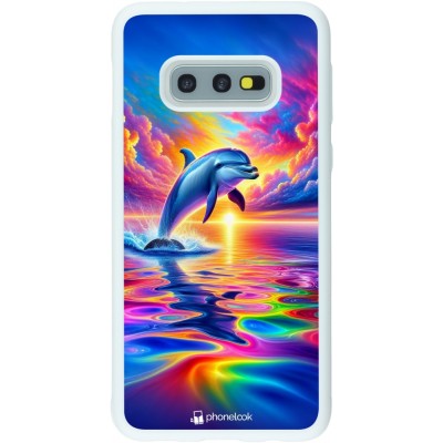 Coque Samsung Galaxy S10e - Silicone rigide blanc Dauphin arc-en-ciel heureux