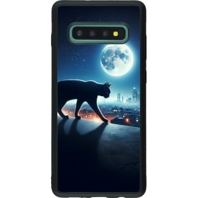 Coque Samsung Galaxy S10+ - Silicone rigide noir Chat noir sous la pleine lune