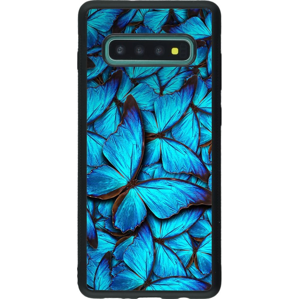 Coque Samsung Galaxy S10+ - Silicone rigide noir Papillon - Bleu