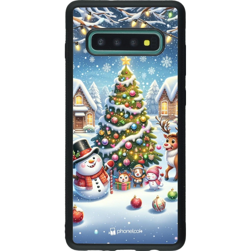 Coque Samsung Galaxy S10+ - Silicone rigide noir Noël 2023 bonhomme de neige et sapin