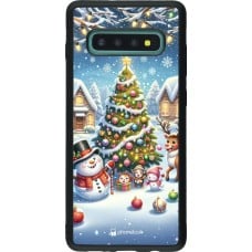 Coque Samsung Galaxy S10+ - Silicone rigide noir Noël 2023 bonhomme de neige et sapin