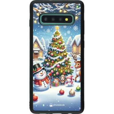 Coque Samsung Galaxy S10+ - Silicone rigide noir Noël 2023 bonhomme de neige et sapin