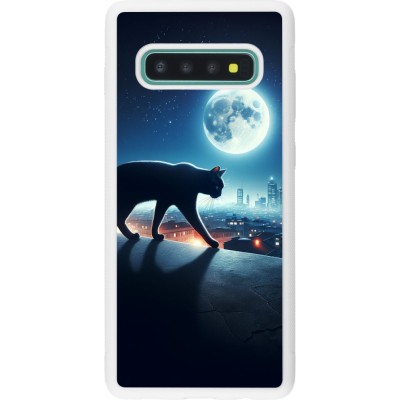 Coque Samsung Galaxy S10+ - Silicone rigide blanc Chat noir sous la pleine lune