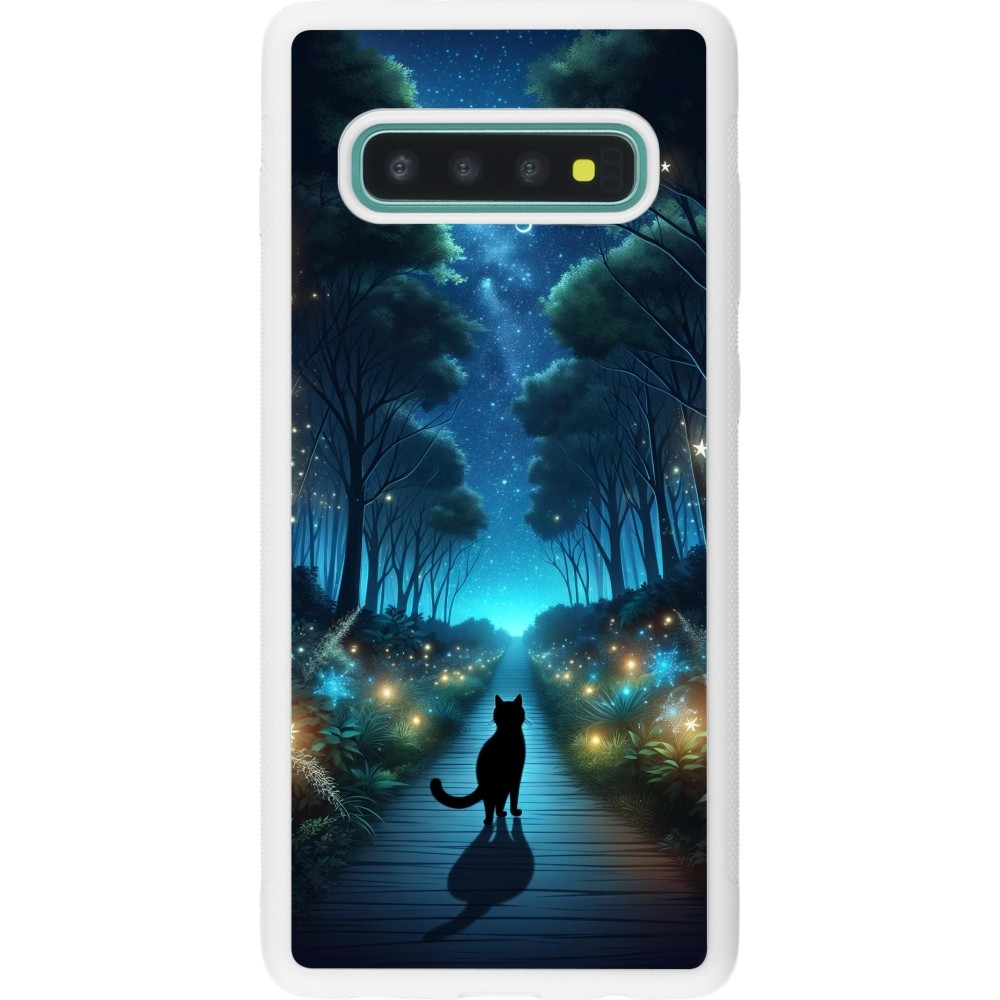 Coque Samsung Galaxy S10+ - Silicone rigide blanc Chat noir promenade