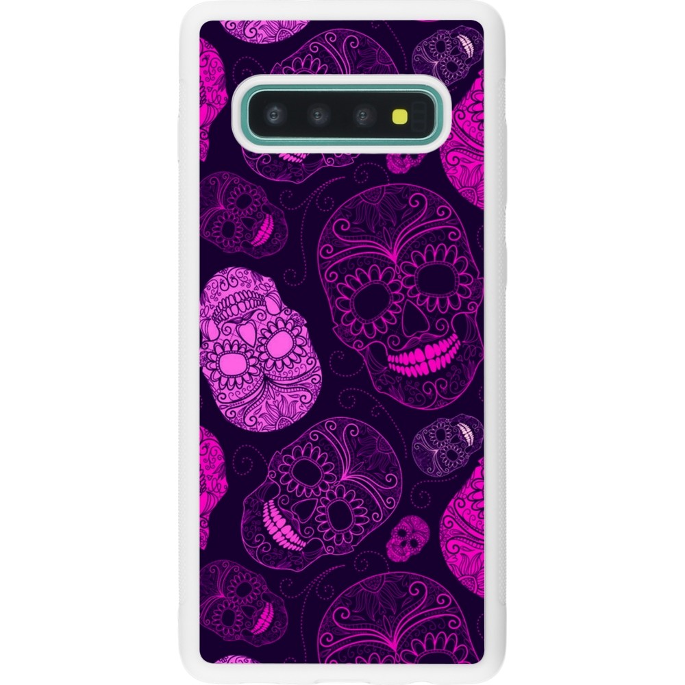 Coque Samsung Galaxy S10+ - Silicone rigide blanc Halloween 2023 pink skulls