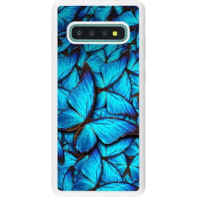 Coque Samsung Galaxy S10+ - Silicone rigide blanc Papillon - Bleu