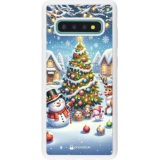 Coque Samsung Galaxy S10+ - Silicone rigide blanc Noël 2023 bonhomme de neige et sapin