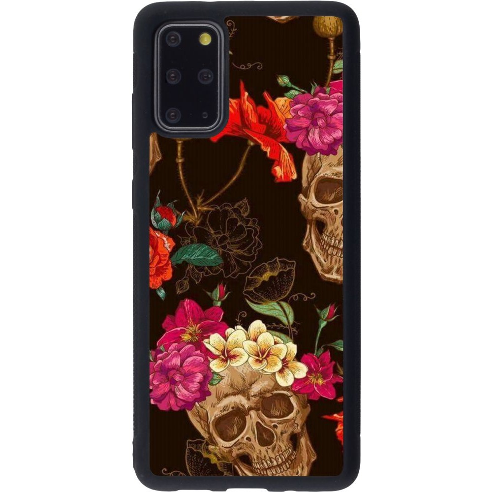 Coque Samsung Galaxy S20+ - Silicone rigide noir Skulls and flowers