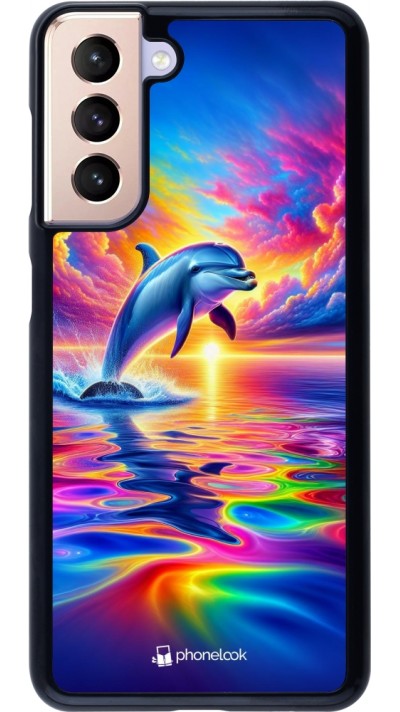 Coque Samsung Galaxy S21 5G - Dauphin arc-en-ciel heureux