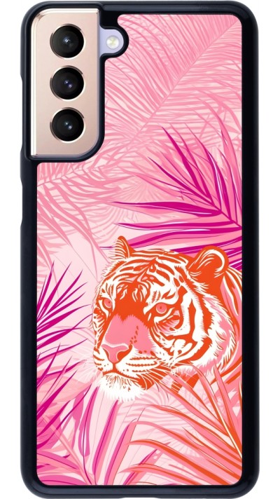 Coque Samsung Galaxy S21 5G - Tigre palmiers roses