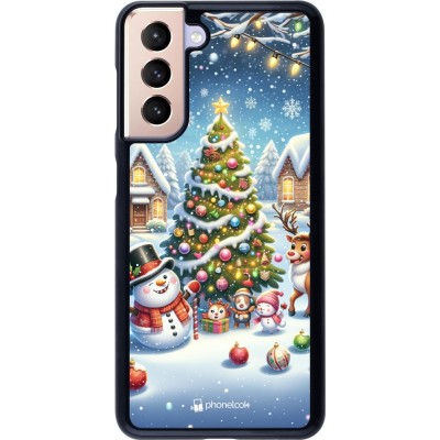 Coque Samsung Galaxy S21 5G - Noël 2023 bonhomme de neige et sapin