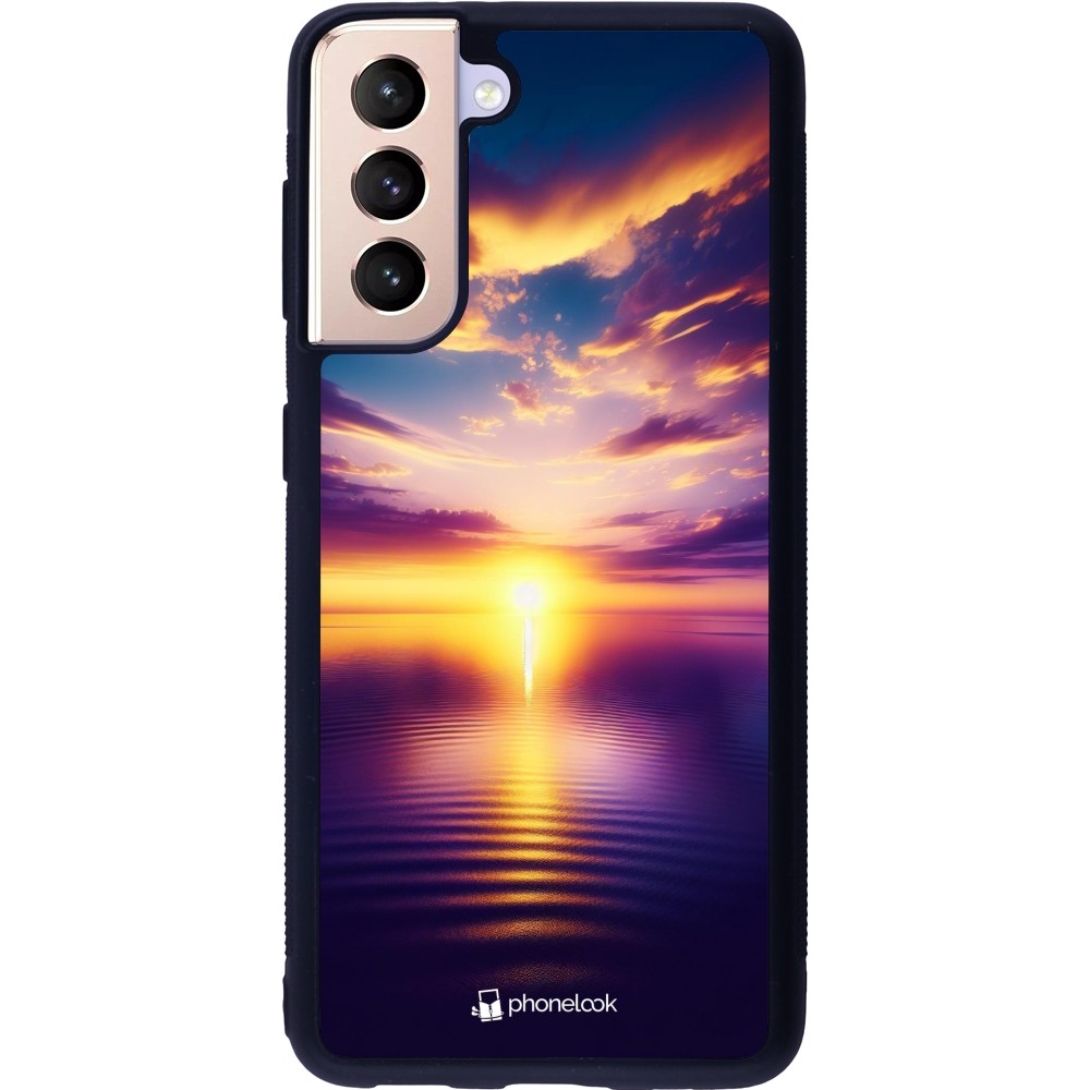 Coque Samsung Galaxy S21 5G - Silicone rigide noir Coucher soleil jaune violet