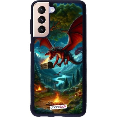 Coque Samsung Galaxy S21 5G - Silicone rigide noir Dragon Volant Forêt Trésor