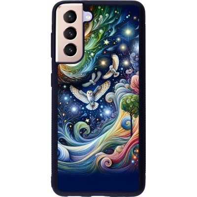 Coque Samsung Galaxy S21 5G - Silicone rigide noir hibou volant floral