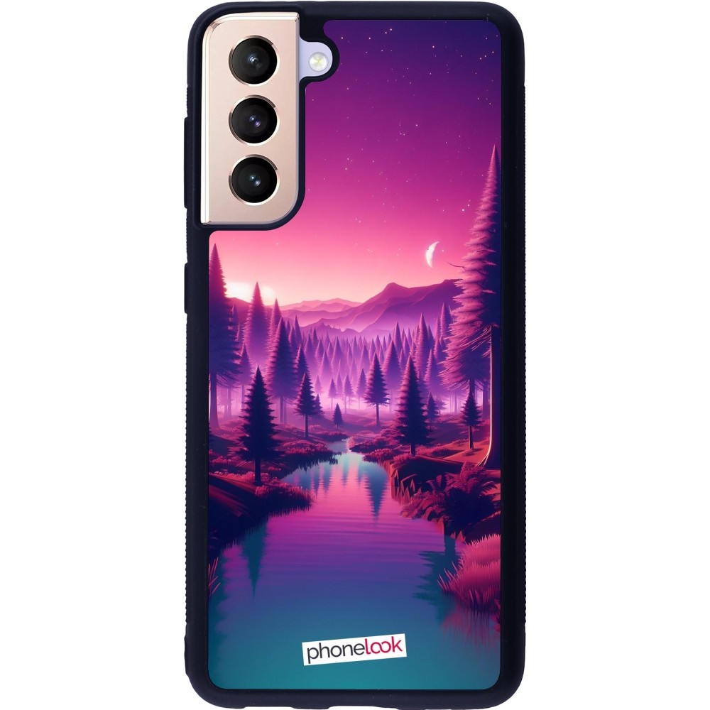 Coque Samsung Galaxy S21 5G - Silicone rigide noir Paysage Violet-Rose