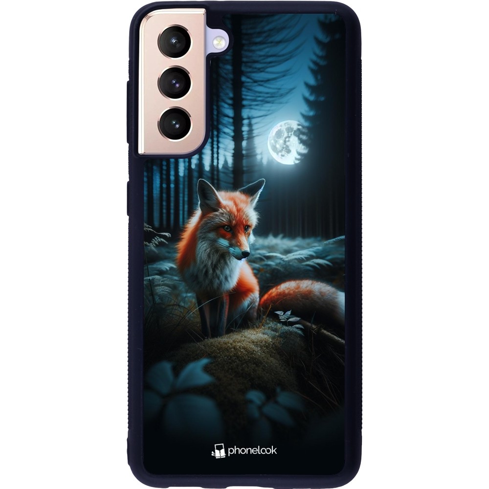 Coque Samsung Galaxy S21 5G - Silicone rigide noir Renard lune forêt