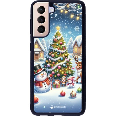 Coque Samsung Galaxy S21 5G - Silicone rigide noir Noël 2023 bonhomme de neige et sapin