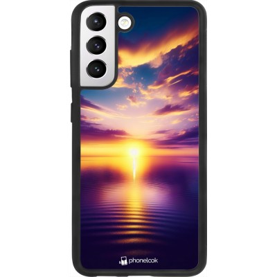 Coque Samsung Galaxy S21 FE 5G - Silicone rigide noir Coucher soleil jaune violet