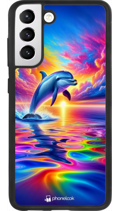 Coque Samsung Galaxy S21 FE 5G - Silicone rigide noir Dauphin arc-en-ciel heureux