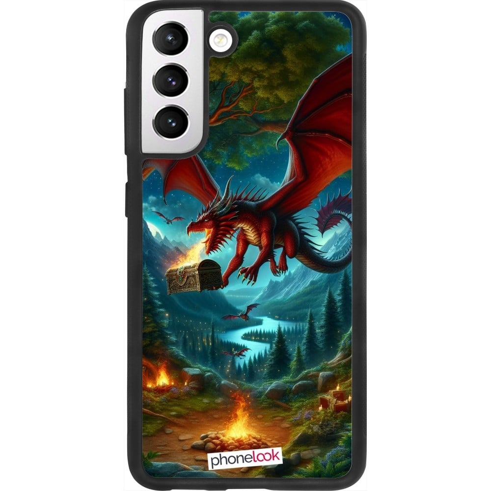 Coque Samsung Galaxy S21 FE 5G - Silicone rigide noir Dragon Volant Forêt Trésor