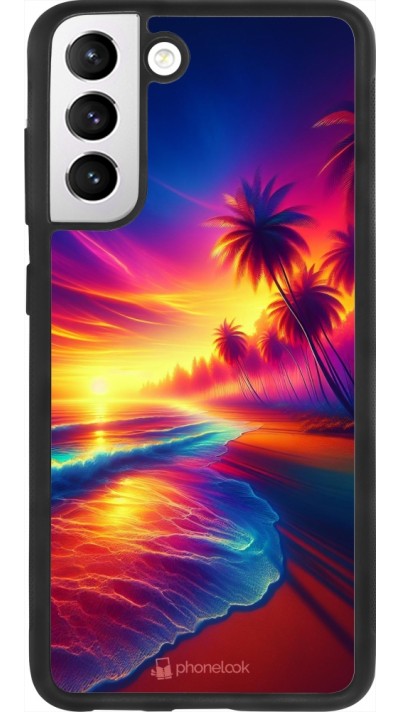 Coque Samsung Galaxy S21 FE 5G - Silicone rigide noir Plage coucher soleil flashy