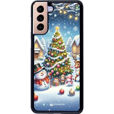 Coque Samsung Galaxy S21+ 5G - Noël 2023 bonhomme de neige et sapin