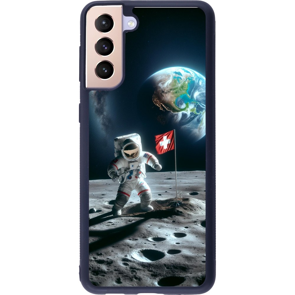 Coque Samsung Galaxy S21+ 5G - Silicone rigide noir Astro Suisse sur lune