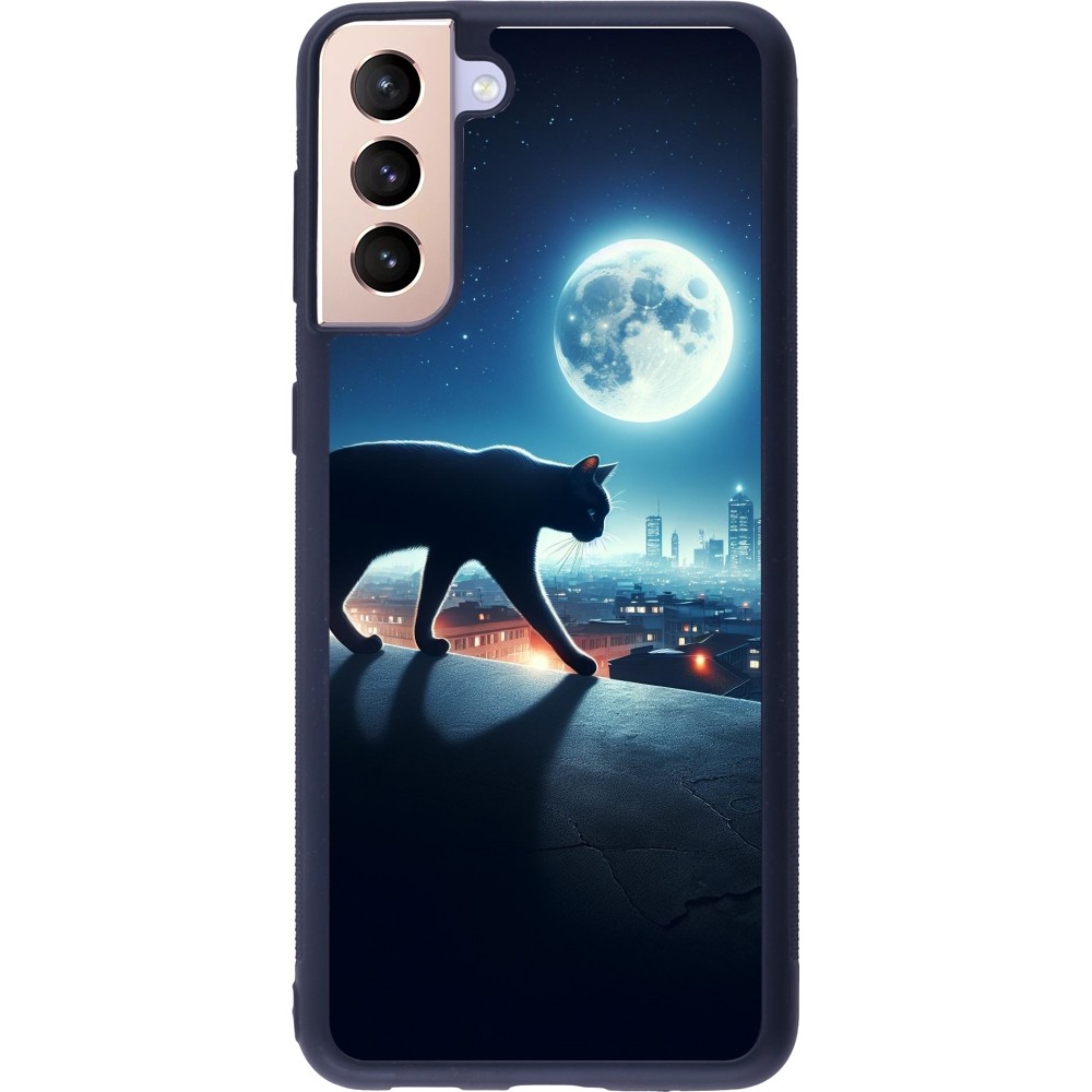 Coque Samsung Galaxy S21+ 5G - Silicone rigide noir Chat noir sous la pleine lune