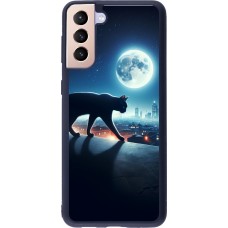 Coque Samsung Galaxy S21+ 5G - Silicone rigide noir Chat noir sous la pleine lune