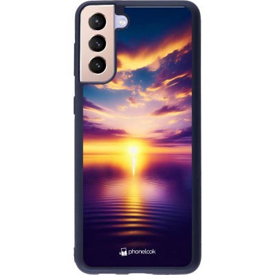 Coque Samsung Galaxy S21+ 5G - Silicone rigide noir Coucher soleil jaune violet