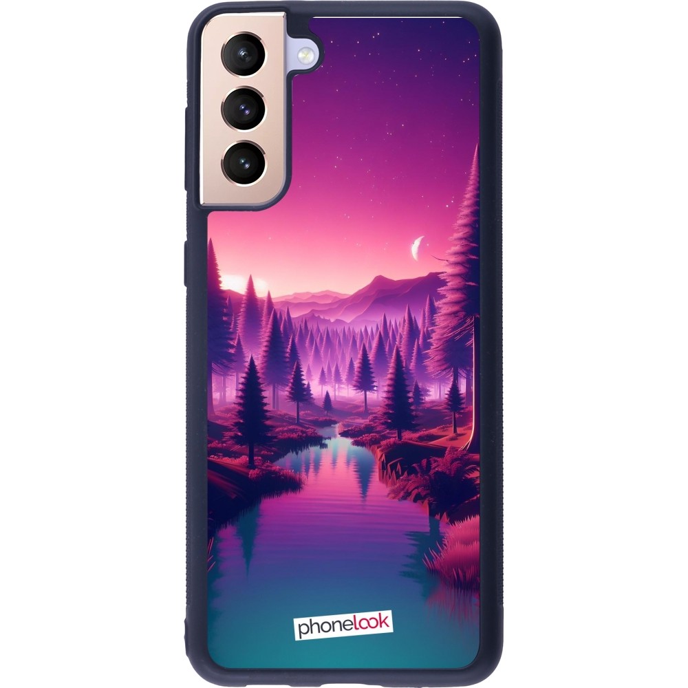 Coque Samsung Galaxy S21+ 5G - Silicone rigide noir Paysage Violet-Rose