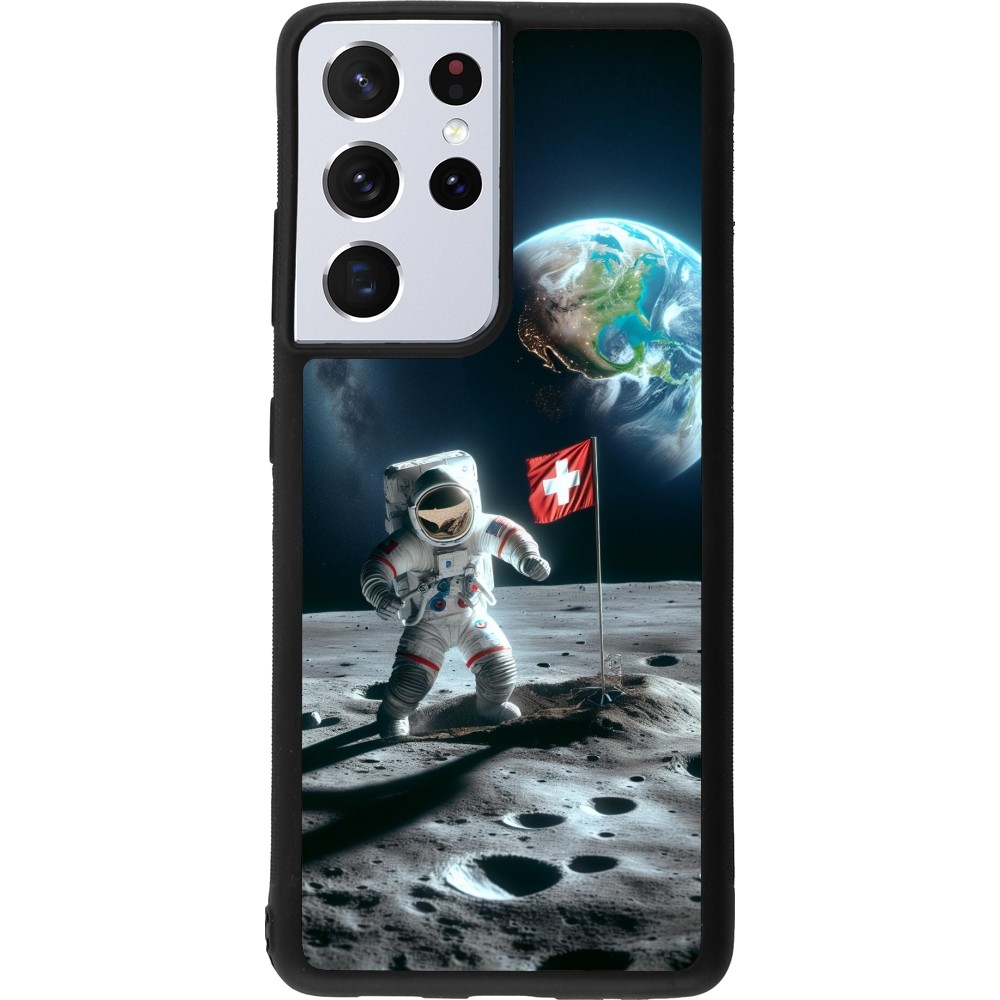 Coque Samsung Galaxy S21 Ultra 5G - Silicone rigide noir Astro Suisse sur lune