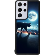 Coque Samsung Galaxy S21 Ultra 5G - Silicone rigide noir Chat noir sous la pleine lune