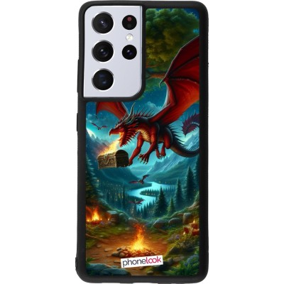 Coque Samsung Galaxy S21 Ultra 5G - Silicone rigide noir Dragon Volant Forêt Trésor