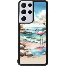 Coque Samsung Galaxy S21 Ultra 5G - Silicone rigide noir Flamant rose aquarelle