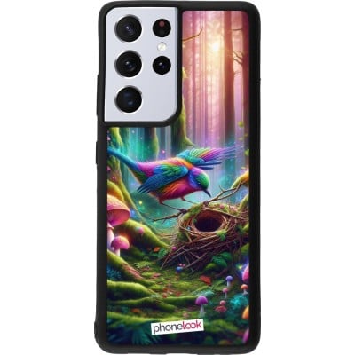 Coque Samsung Galaxy S21 Ultra 5G - Silicone rigide noir Oiseau Nid Forêt