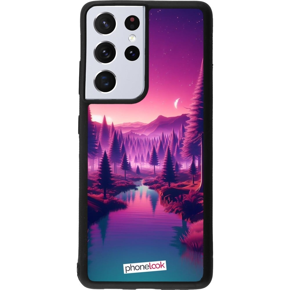 Coque Samsung Galaxy S21 Ultra 5G - Silicone rigide noir Paysage Violet-Rose