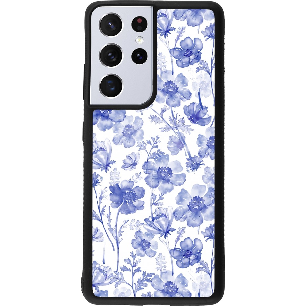 Coque Samsung Galaxy S21 Ultra 5G - Silicone rigide noir Spring 23 watercolor blue flowers