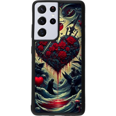 Coque Samsung Galaxy S21 Ultra 5G - Silicone rigide noir Dark Love Coeur Sang