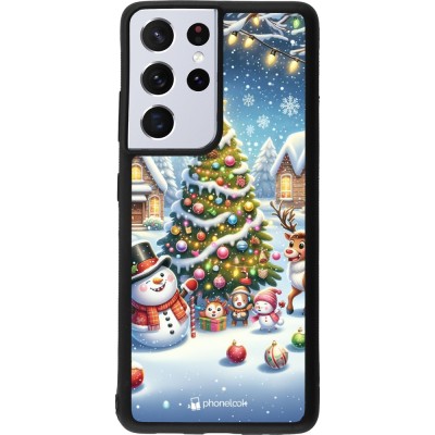 Coque Samsung Galaxy S21 Ultra 5G - Silicone rigide noir Noël 2023 bonhomme de neige et sapin