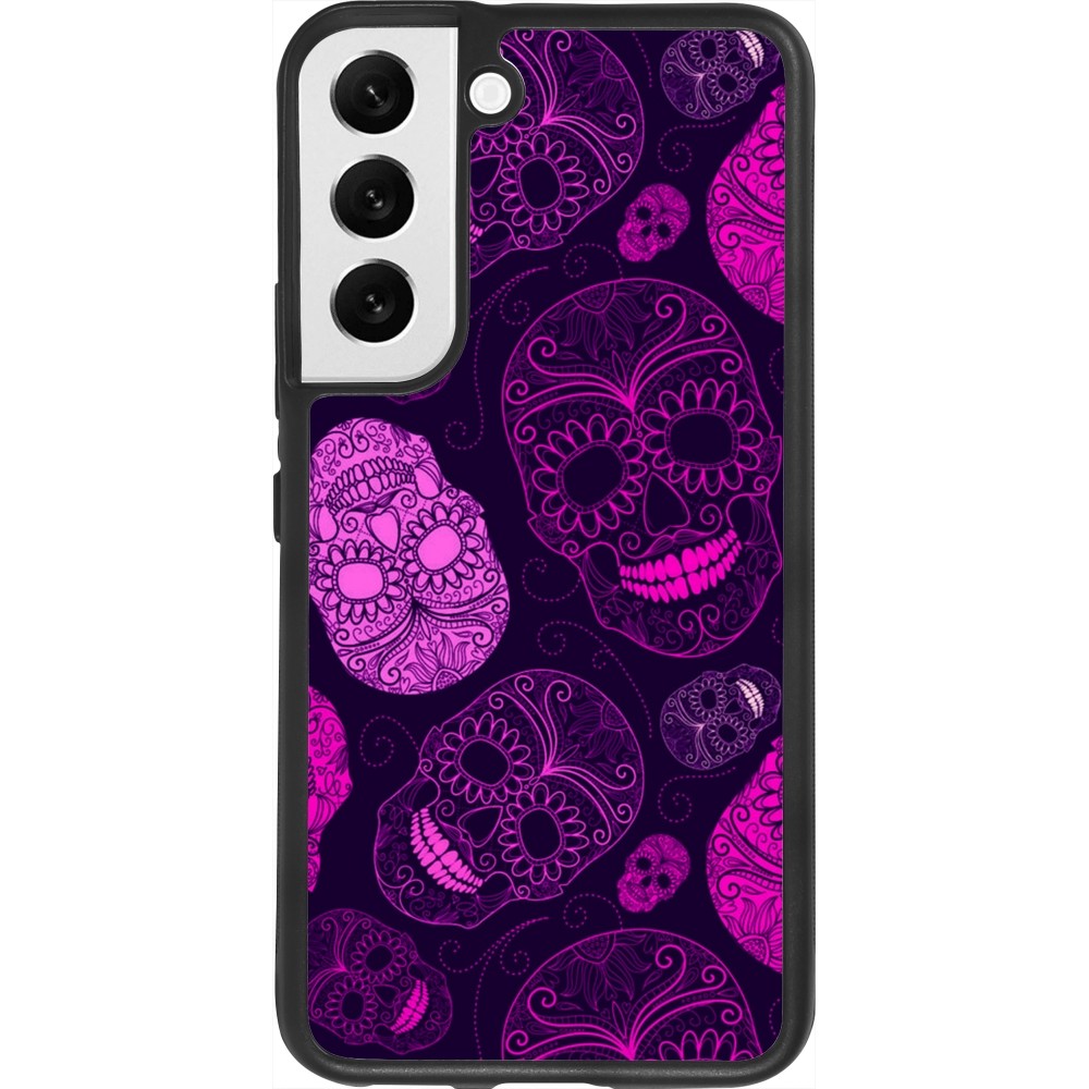 Coque Samsung Galaxy S22 - Silicone rigide noir Halloween 2023 pink skulls